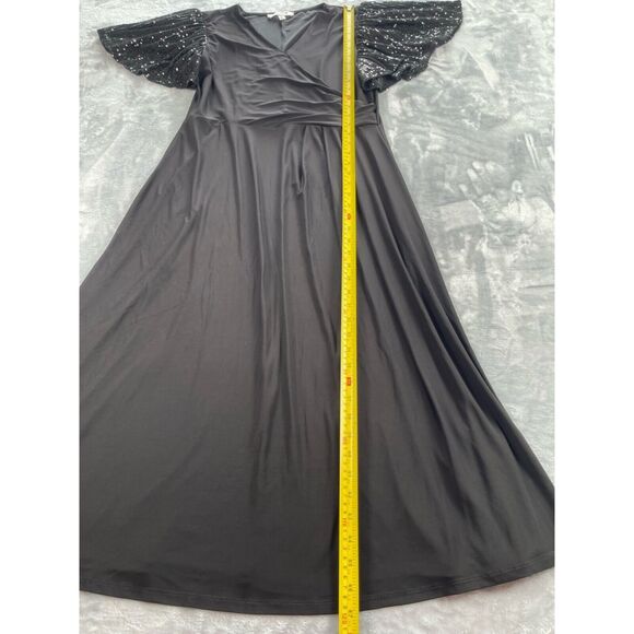 Chaus Dress Womens Large Black Jersey Knit Sequin Flutter Sleeve Surplice Neck - Picture 8 of 14